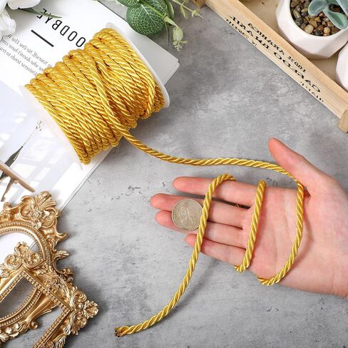 2 Rolls Gold Rope Ribbon, 5mm 43.6 Yards Gold Cording for Crafts, Golden Rope Trim for Sewing, Upholstery, Curtain Tiebacks, Home Decor & Graduation Honor Cord(Each Roll 21.8 Yards Long) in Kuwait