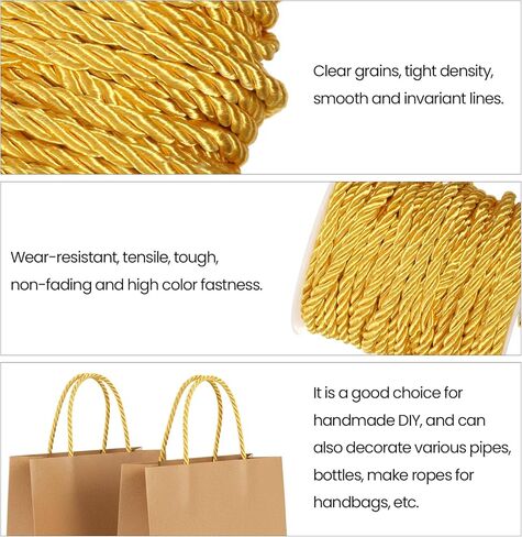 2 Rolls Gold Rope Ribbon, 5mm 43.6 Yards Gold Cording for Crafts, Golden Rope Trim for Sewing, Upholstery, Curtain Tiebacks, Home Decor & Graduation Honor Cord(Each Roll 21.8 Yards Long) in Kuwait
