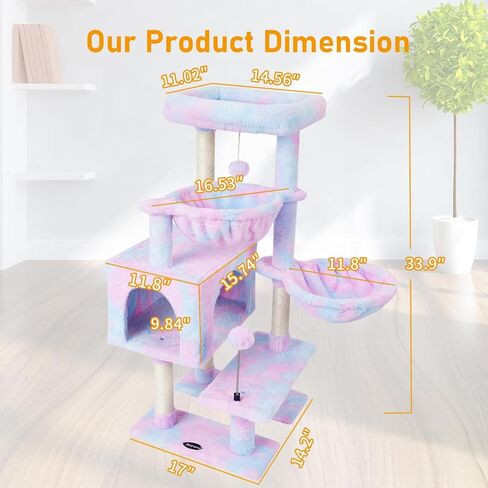 KIYUMI Cat Tree Cat Tower Condo مع عمود خدش السيزال للقطط الداخلية أثاث شجرة القطط مع جثم أرجوحة وألعاب كرة قطط، مركز أنشطة الحيوانات الأليفة متعدد المستويات قوس قزح in Kuwait