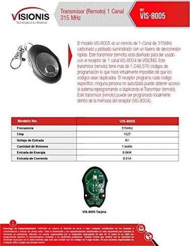 Visionis FPC-5228 Kit de 2 جهاز تحكم عن بعد صغير لاسلكي برمز Fijo 315 ميجا هرتز مع مستقبل RF لقناة واحدة مع قاطع لحظة ومصدر قوة in Kuwait