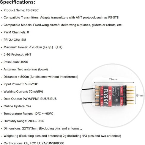 جهاز استقبال GoolRC Flysky FS-SR8C، جهاز استقبال 2.4 جيجا هرتز 8CH بروتوكول ANT هوائيات مزدوجة متوافقة مع جهاز إرسال راديو Flysky FS-ST8 لطائرات RC والروبوتات in Kuwait