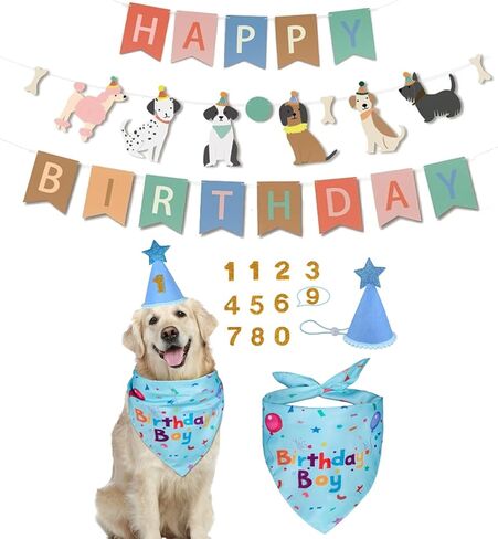 Dog Birthday Cake Party Decoration Set - Bandanas, Hats, Number Stickers, Dog Themed Banner & Happy Birthday Banner, Dog Gifts for Large,Medium and Small Dogs (Blue) in Saudi Arabia