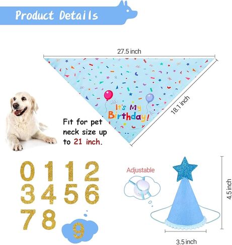 Dog Birthday Cake Party Decoration Set - Bandanas, Hats, Number Stickers, Dog Themed Banner & Happy Birthday Banner, Dog Gifts for Large,Medium and Small Dogs (Blue) in Saudi Arabia