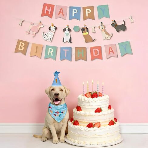 Dog Birthday Cake Party Decoration Set - Bandanas, Hats, Number Stickers, Dog Themed Banner & Happy Birthday Banner, Dog Gifts for Large,Medium and Small Dogs (Blue) in Saudi Arabia