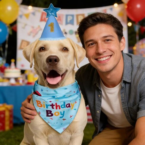 Dog Birthday Cake Party Decoration Set - Bandanas, Hats, Number Stickers, Dog Themed Banner & Happy Birthday Banner, Dog Gifts for Large,Medium and Small Dogs (Blue) in Saudi Arabia