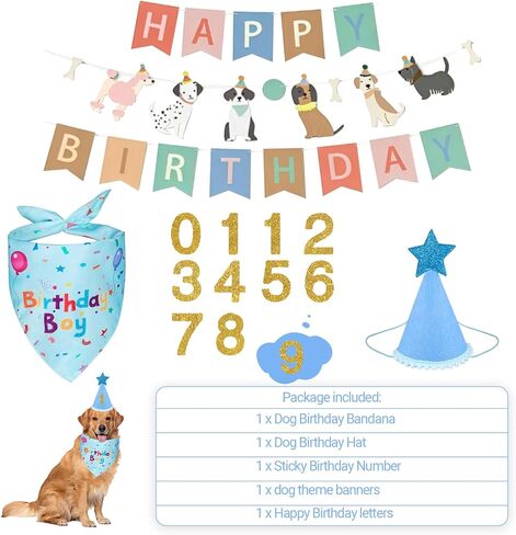 Dog Birthday Cake Party Decoration Set - Bandanas, Hats, Number Stickers, Dog Themed Banner & Happy Birthday Banner, Dog Gifts for Large,Medium and Small Dogs (Blue) in Saudi Arabia