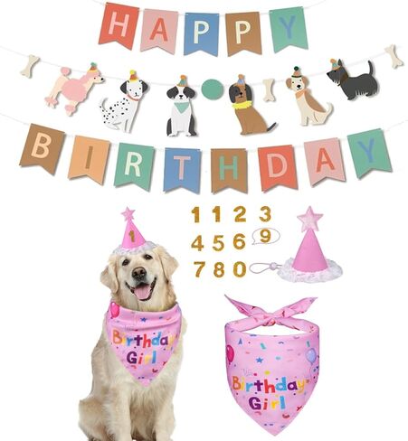 Dog Birthday Cake Party Decoration Set - Bandanas, Hats, Number Stickers, Dog Themed Banner & Happy Birthday Banner, Dog Gifts for Large,Medium and Small Dogs (Blue) in Saudi Arabia