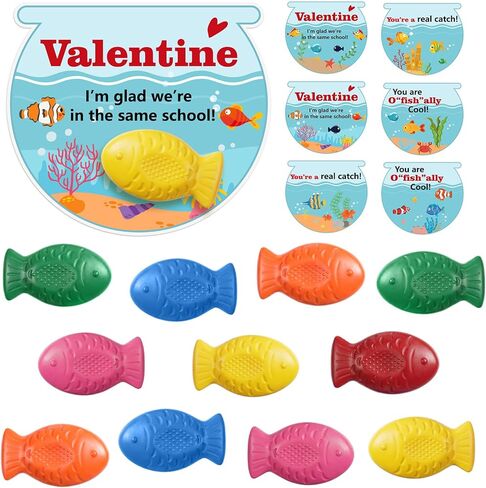30 Pack Valentine's Day Gift Cards with Fish Shaped Crayon Fish Tank Cards Valentines Exchange Gifts for DIY Greeting Goodie Bags Stuff Prizes Party Favor in Saudi Arabia
