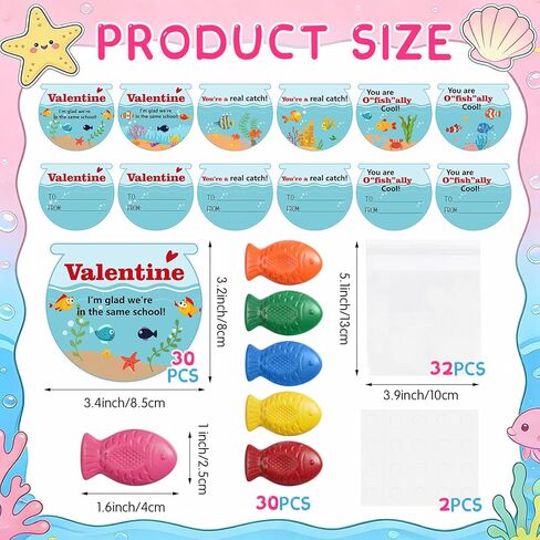 30 Pack Valentine's Day Gift Cards with Fish Shaped Crayon Fish Tank Cards Valentines Exchange Gifts for DIY Greeting Goodie Bags Stuff Prizes Party Favor in Saudi Arabia