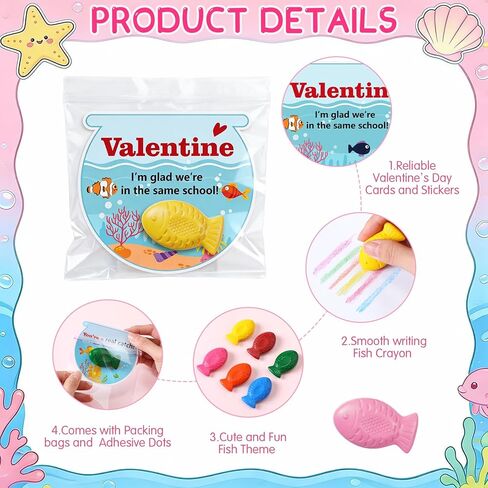30 Pack Valentine's Day Gift Cards with Fish Shaped Crayon Fish Tank Cards Valentines Exchange Gifts for DIY Greeting Goodie Bags Stuff Prizes Party Favor in Saudi Arabia