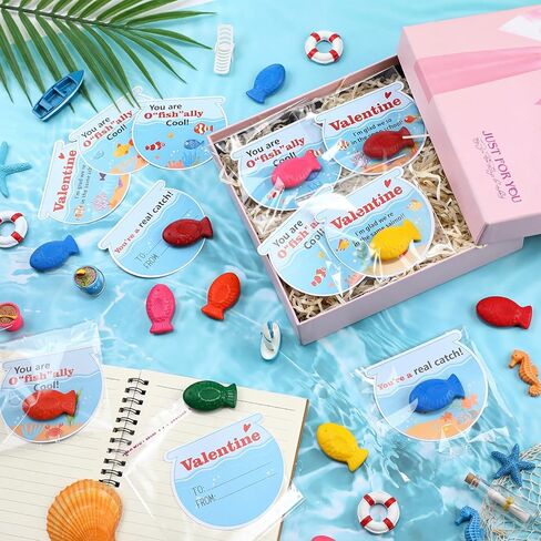 30 Pack Valentine's Day Gift Cards with Fish Shaped Crayon Fish Tank Cards Valentines Exchange Gifts for DIY Greeting Goodie Bags Stuff Prizes Party Favor in Saudi Arabia