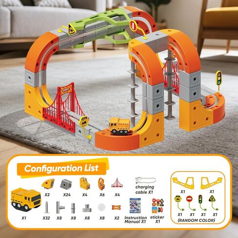 مجموعة قطار كهربائي، 115 قطعة من مكعبات مسار المركبات الهندسية مع علامات مضادة للجاذبية والقطار والمرور، مسار سباق سحري مرن ثلاثي الأبعاد لألعاب هدايا الأطفال. in Kuwait