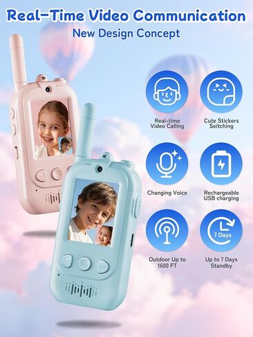 Voice Changer Upgraded Kids Video Walkie Talkies with Real-Time Two-Way Video, No WiFi or App Required, 1600FT Long Range, Rechargeable Video Intercom Toy for Boys & Girls Ages 3–12 (Blue & Pink) in Saudi Arabia