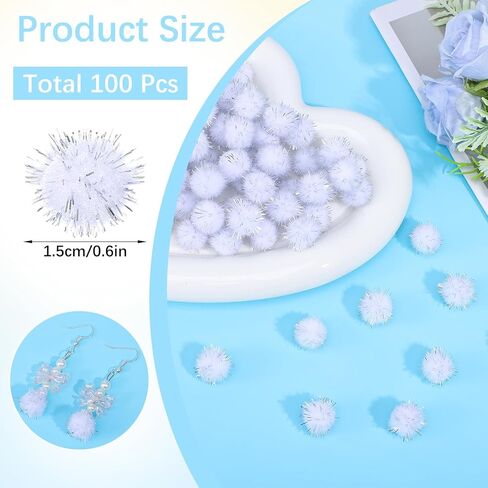100 Pcs Glitter Tinsel Pom Poms White Pompoms Sparkle White Pom Poms for Crafts Making, Cat, Christmas Party Decoration (1.5cm in Diameter) in Kuwait