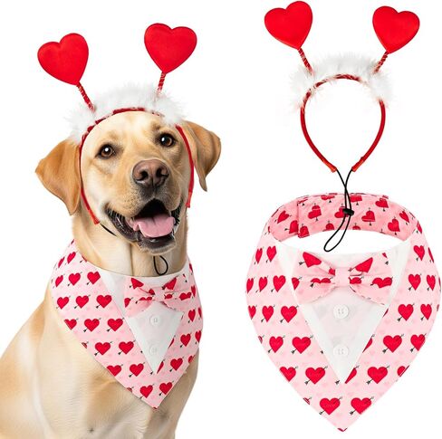 Valentine’s Red Heart with Love Arrow Pattern Dog Adjustable Tuxedo Red Headwear with White Fluff Valentine's Day Theme Puppy Costume Set Romantic Holiday Apparel for Cats Dogs S in Saudi Arabia