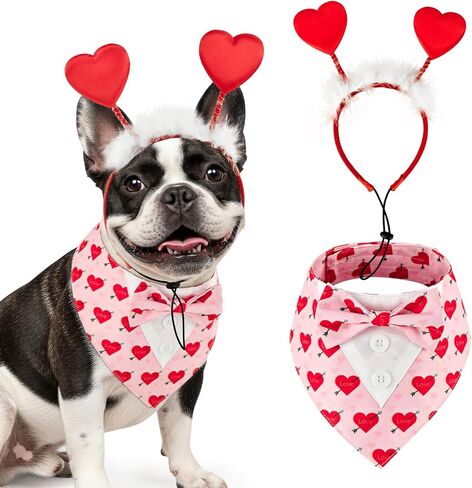 Valentine’s Red Heart with Love Arrow Pattern Dog Adjustable Tuxedo Red Headwear with White Fluff Valentine's Day Theme Puppy Costume Set Romantic Holiday Apparel for Cats Dogs S in Saudi Arabia