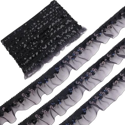 Black Elastic Ruffle Trim Sequin Pleated Lace Edge Trim Ribbon for Sewing Cloth Applique Embellishment Party Decoration in Saudi Arabia