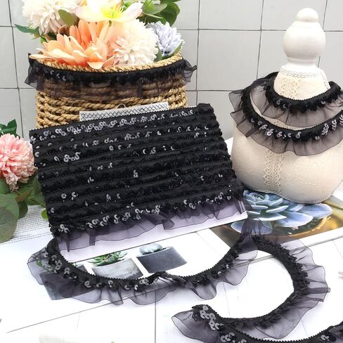 Black Elastic Ruffle Trim Sequin Pleated Lace Edge Trim Ribbon for Sewing Cloth Applique Embellishment Party Decoration in Saudi Arabia