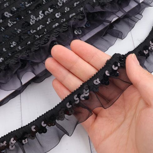 Black Elastic Ruffle Trim Sequin Pleated Lace Edge Trim Ribbon for Sewing Cloth Applique Embellishment Party Decoration in Saudi Arabia
