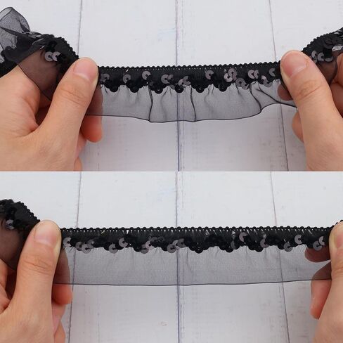 Black Elastic Ruffle Trim Sequin Pleated Lace Edge Trim Ribbon for Sewing Cloth Applique Embellishment Party Decoration in Saudi Arabia