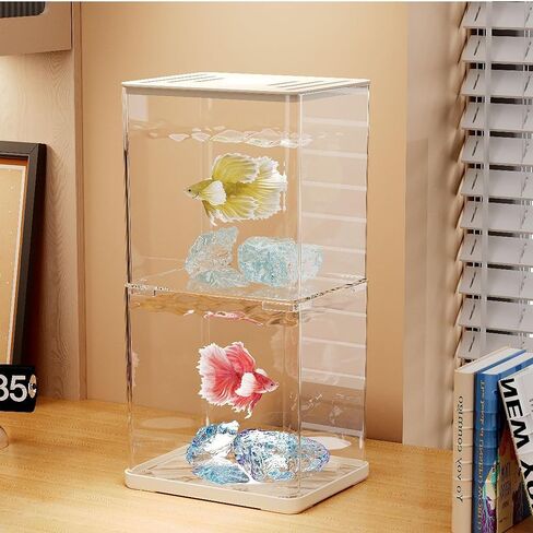 Small Betta Fish Tank, 2-Pack 0.3 Gallon Mini Aquarium with Adjustable Base Light & Gravels & Resin Crystal, Acrylic Fish Bowl for Desk Homes or Offices, Ideal for Beta Fish,Goldfish (White -2 Pack) in Saudi Arabia