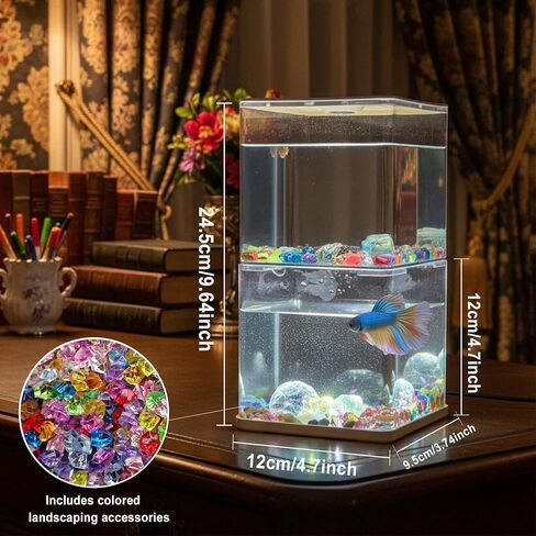 Small Betta Fish Tank, 2-Pack 0.3 Gallon Mini Aquarium with Adjustable Base Light & Gravels & Resin Crystal, Acrylic Fish Bowl for Desk Homes or Offices, Ideal for Beta Fish,Goldfish (White -2 Pack) in Saudi Arabia