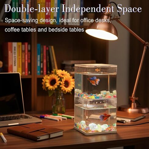 Small Betta Fish Tank, 2-Pack 0.3 Gallon Mini Aquarium with Adjustable Base Light & Gravels & Resin Crystal, Acrylic Fish Bowl for Desk Homes or Offices, Ideal for Beta Fish,Goldfish (White -2 Pack) in Saudi Arabia