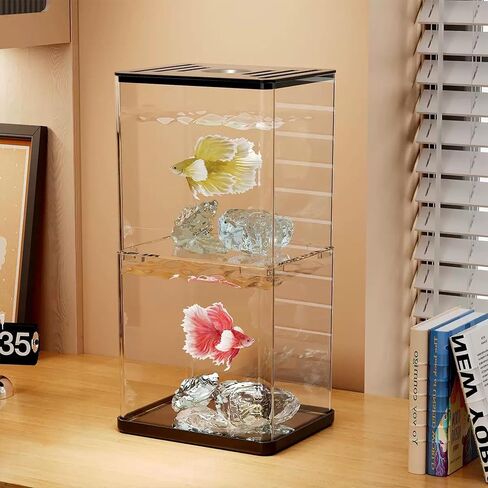 Small Betta Fish Tank, 2-Pack 0.3 Gallon Mini Aquarium with Adjustable Base Light & Gravels & Resin Crystal, Acrylic Fish Bowl for Desk Homes or Offices, Ideal for Beta Fish,Goldfish (White -2 Pack) in Saudi Arabia