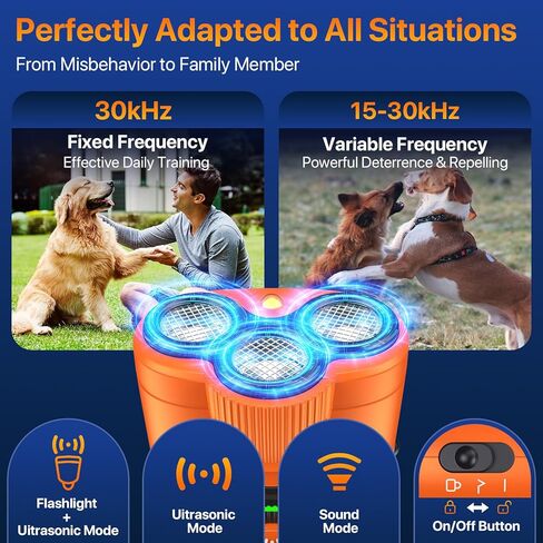 جهاز منع نباح الكلاب، 3X جهاز مضاد للنباح بالموجات فوق الصوتية للكلاب، 6 أوضاع تدريب ونطاق إيقاف نباح الكلاب بطول 23 قدمًا، أداة تدريب محمولة للكلاب مع مصباح يدوي للاستخدام الداخلي والخارجي، برتقالي in Kuwait