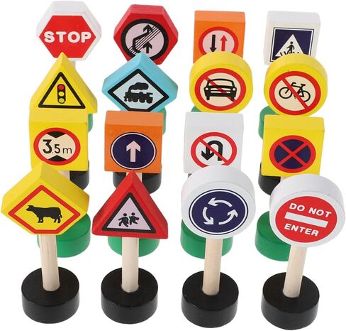 16pcs Wooden Traffic Sign Playset Educational Road Signs for Boy Girl Mini Street Signals for Preschool Safety Awareness Interactive Learning Aid Natural in Kuwait