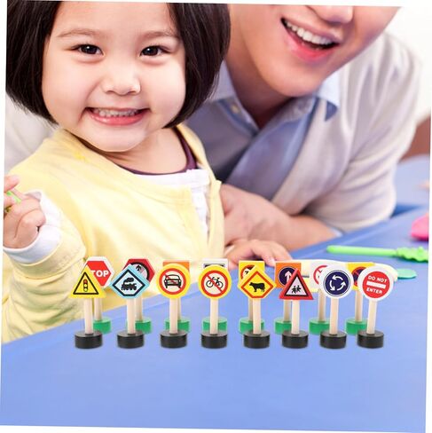 16pcs Wooden Traffic Sign Playset Educational Road Signs for Boy Girl Mini Street Signals for Preschool Safety Awareness Interactive Learning Aid Natural in Kuwait