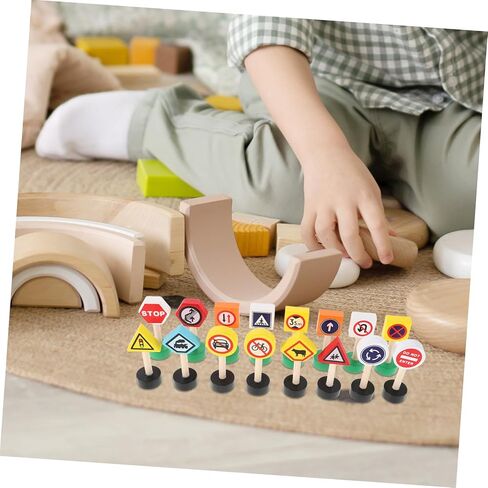16pcs Wooden Traffic Sign Playset Educational Road Signs for Boy Girl Mini Street Signals for Preschool Safety Awareness Interactive Learning Aid Natural in Kuwait