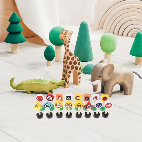 16pcs Wooden Traffic Sign Playset Educational Road Signs for Boy Girl Mini Street Signals for Preschool Safety Awareness Interactive Learning Aid Natural in Kuwait