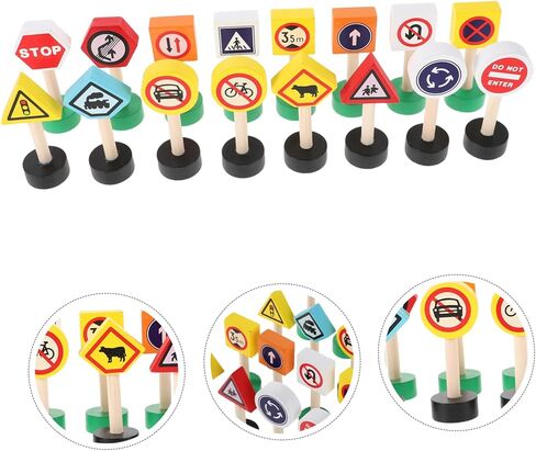 16pcs Wooden Traffic Sign Playset Educational Road Signs for Boy Girl Mini Street Signals for Preschool Safety Awareness Interactive Learning Aid Natural in Kuwait