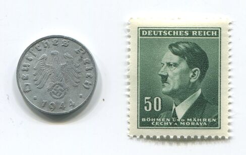 Rare Nazi Swastika 1 Reichspfennig German Coin World War Two WW2 with Green Stern Hitler Stamp MNH in Saudi Arabia