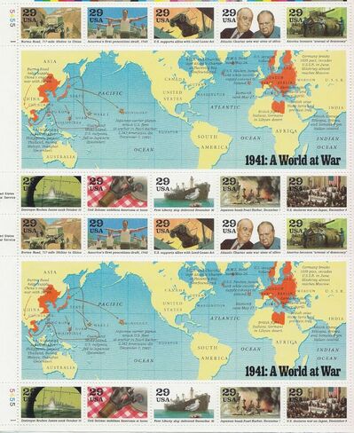 WWII, 1941: A World at War (World War II), Full Sheet of 20 x 29-Cent Postage Stamps, USA 1991, Scott 2559 in Saudi Arabia