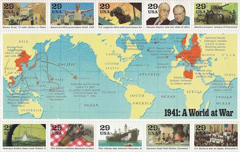 WWII, 1941: A World at War (World War II), Full Sheet of 20 x 29-Cent Postage Stamps, USA 1991, Scott 2559 in Saudi Arabia