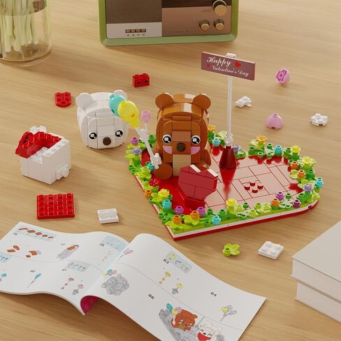 Valentine's Bear Building Blocks Toys for Lover, Love Heart Ornament Frame Cute Brown and White Bear Bricks Kit, Valentines Day Crafts Galentines Gifts School Exchange for Adults Kids Girls or Boys in Saudi Arabia
