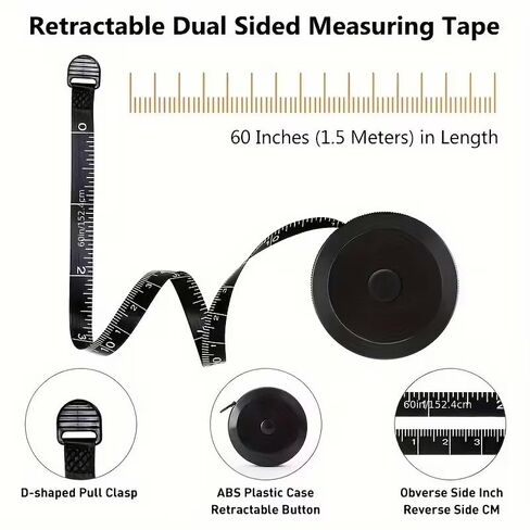 Retractable Soft Tape Measure, 60 Inch / 150 cm Double Sided Tape Measure with Inches & Centimeters, for Sewing Tailoring Body Measurements Crafts Design Fitness (Black, 1-Pack) in Saudi Arabia