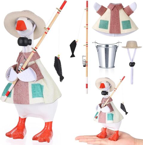 7 Inch Desk Goose Outfits Fishing Duck Costume Set Fieldsmen Clothes Mini Straw Hat Fishing Rod and Bucket for 7 Inch Goose Duck Statue Funny Decor Accessories Home Decoration in Saudi Arabia