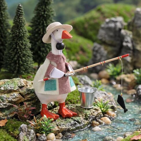 7 Inch Desk Goose Outfits Fishing Duck Costume Set Fieldsmen Clothes Mini Straw Hat Fishing Rod and Bucket for 7 Inch Goose Duck Statue Funny Decor Accessories Home Decoration in Saudi Arabia