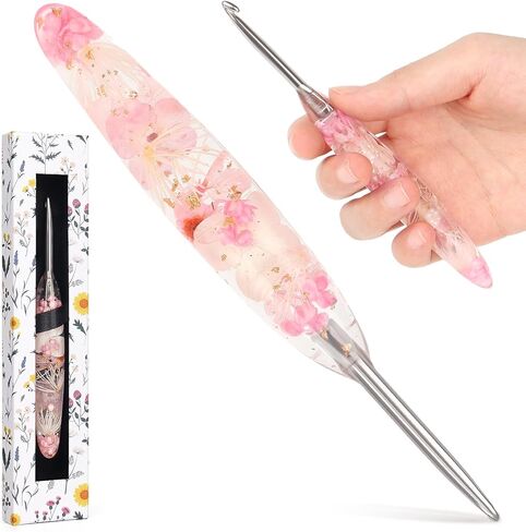 Katech 4.5mm Crochet Hook for Arthritic Hands, Hand-Polished Stainless Steel Ergonomic Crochet Hooks with Customized Sparkle Dried Floral Grip, Soft Tapered Hook-Crochet Gift for Beginner & Crocheter in Saudi Arabia