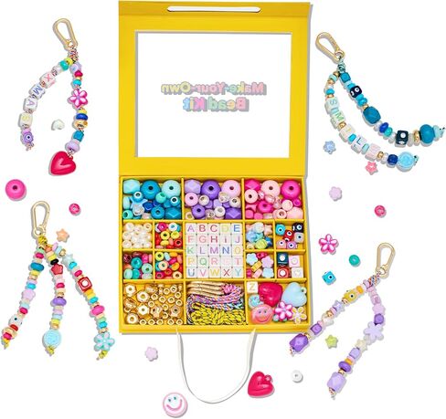 HolidayQbee DIY Bead Keychain Making Kit for Kids Beaded Bag Charm Kit Alphabet Beads Muti-Colorful Heart Pony Bead for Key Chain Making Kit Bag Charm Making Kit Gifts for Boy Girls in Saudi Arabia