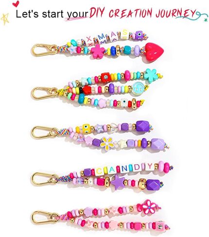 HolidayQbee DIY Bead Keychain Making Kit for Kids Beaded Bag Charm Kit Alphabet Beads Muti-Colorful Heart Pony Bead for Key Chain Making Kit Bag Charm Making Kit Gifts for Boy Girls in Saudi Arabia