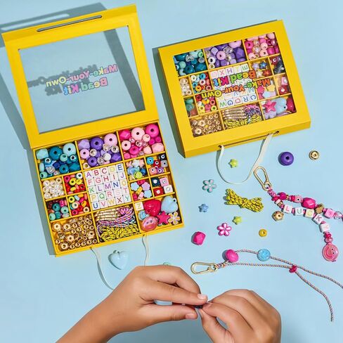 HolidayQbee DIY Bead Keychain Making Kit for Kids Beaded Bag Charm Kit Alphabet Beads Muti-Colorful Heart Pony Bead for Key Chain Making Kit Bag Charm Making Kit Gifts for Boy Girls in Saudi Arabia