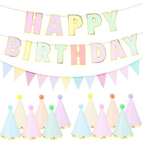 26 Pcs Pastel Birthday Party Hats for Kids Include Pastel Happy Birthday Signs Banner Pennant Flags Macaron Party Hats Decorations Pre Assembled for Kids Adults Girl Women in Kuwait