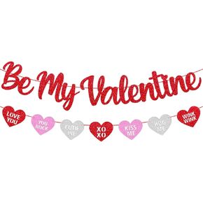 Be My Valentine Banner Glitter Red Pink Heart Garland Happy Valentine's Day Party Decoration Pre-Assembled Romantic Valentine Party Supplies in Kuwait