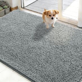 OLANLY Dog Door Mat for Muddy Paws 30x20, Absorbs Moisture and Dirt, Absorbent Non-Slip Washable Doormat, Quick Dry Chenille Mud Mat for Dogs, Entry Indoor Entryway Carpet for Inside Floor, Grey in Kuwait