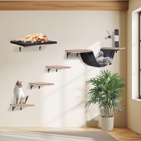 Cat Wall Shelves, Solid Wood Cat Wall Furniture Set, with Cats Bed, Hammock, Felt Ladder, Sisal Scratching Post & Ball (Beige) in Kuwait