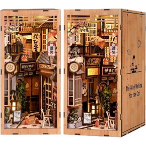 مجموعة زوايا الكتب DIY، غلاف خشبي ثلاثي الأبعاد مع ضوء LED، نموذج منزل مصغر لزقاق الشارع الياباني، رف إبداعي للديكور والحرف اليدوية هدية للبالغين المراهقين (الزقاق في انتظار القطة) in Kuwait